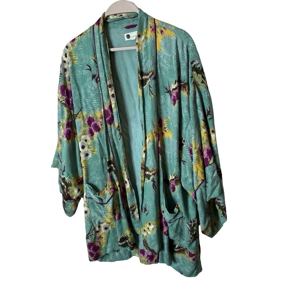 Anthropologie FLOREAT Floral‎ Rayon Kimono Bed Jacket Womens XS/S  Boho Pockets